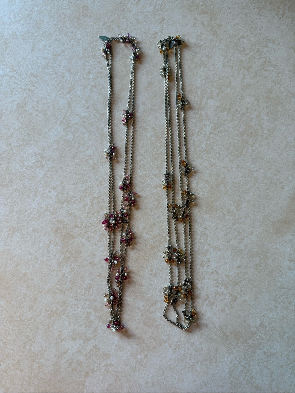 2 Coldwater Creek Silver Multi-Strand Necklaces with Pink and Amber Accents